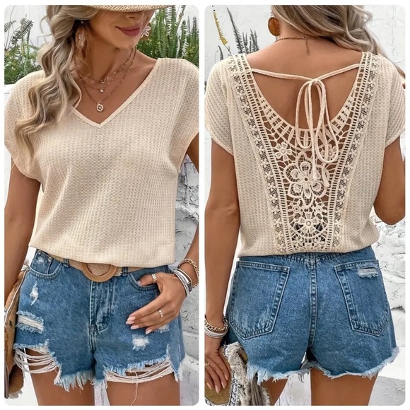 Lace Open Back V-Neck Blouse - Picture 1 of 4